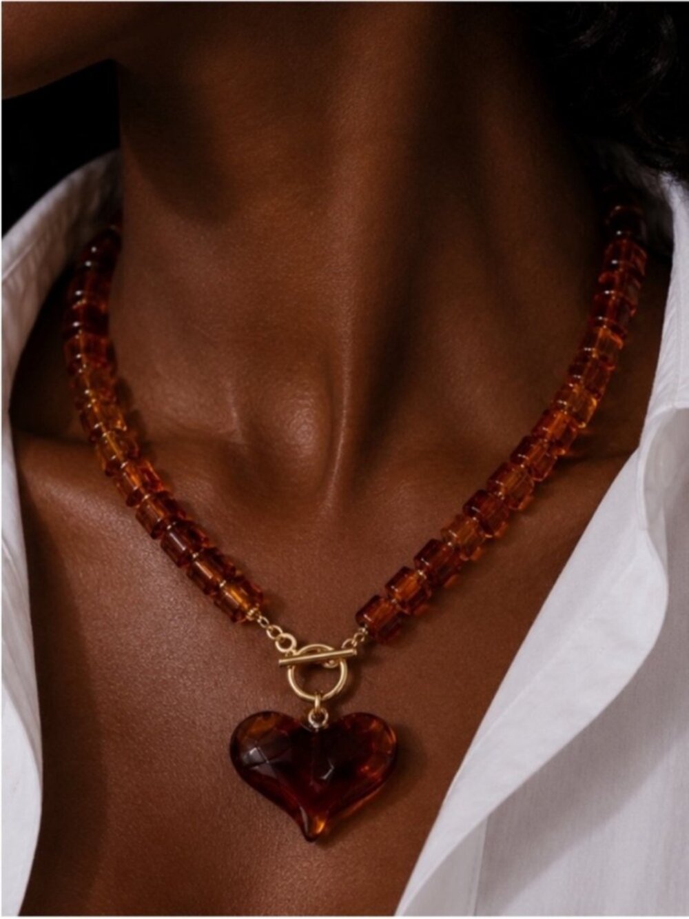 New! Amber Lucite Heart Beaded Necklace (2010) NWOT